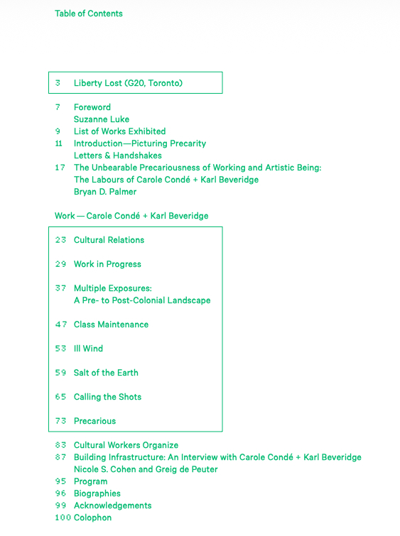 Precarious catalogue table of contents