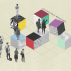 People in front of colourful cubes