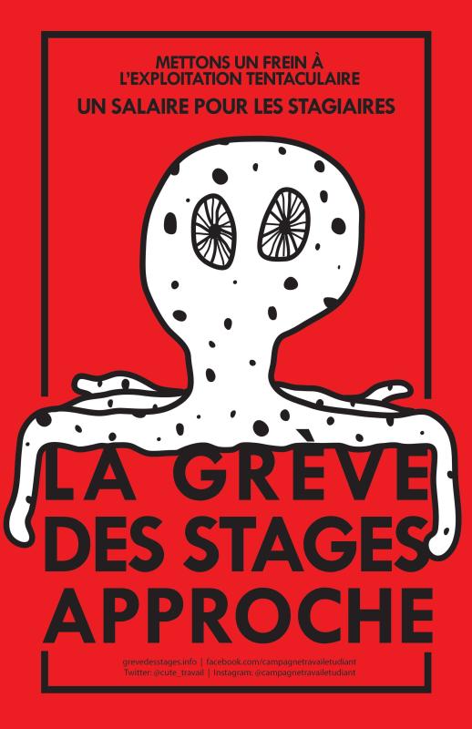 A poster for the 2019 intern strike in Quebec by CUTE (Campagne sur le travail étudiant)