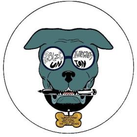 A dog holding a pen between his teeth with Public Integrity Union written in his sunglasses