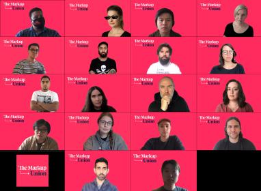 A photo grid of Markup Union members with pink background images with The Markup Union logo