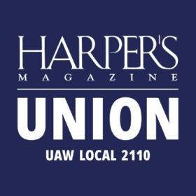 Harper's Magazine Union in white letters against a royal blue background