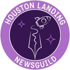 Houston Landing NewsGuild, purple with the outline of a rocketship flying out of a pen nib