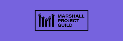Purple baground with five black raised fists and the words Marshall Project Guild