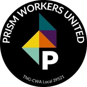 Prism Workers United logo, black with coloured triangles and a big white P