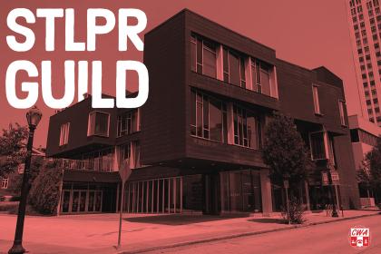A buiding against a red background with letters spelling out St. Louis Public Radio Guild